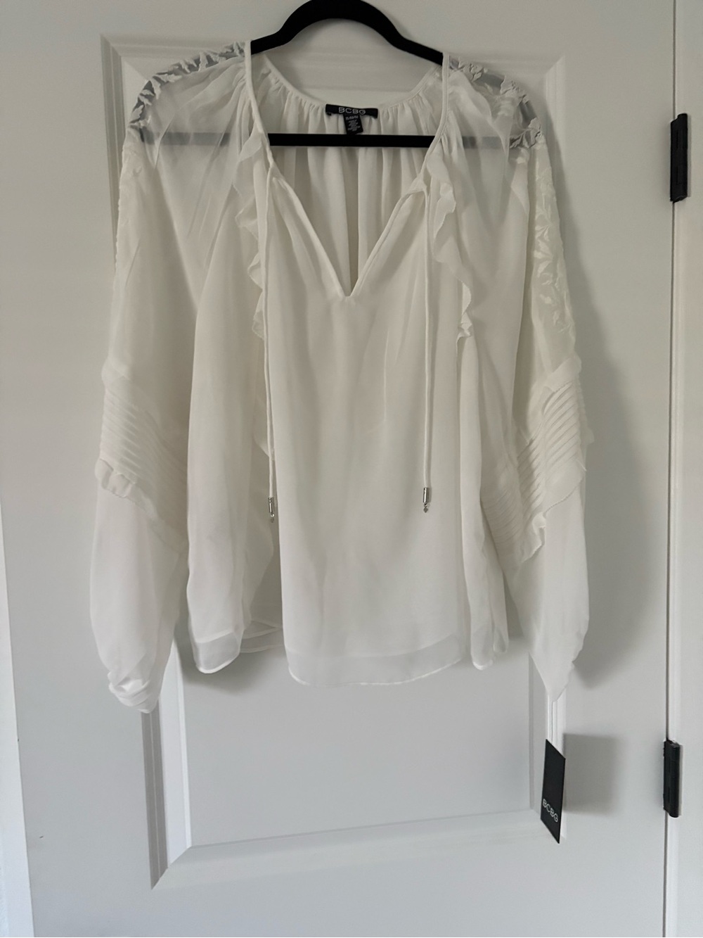 BCBG Ivory Sheer Ruffle Tie-Front Blouse